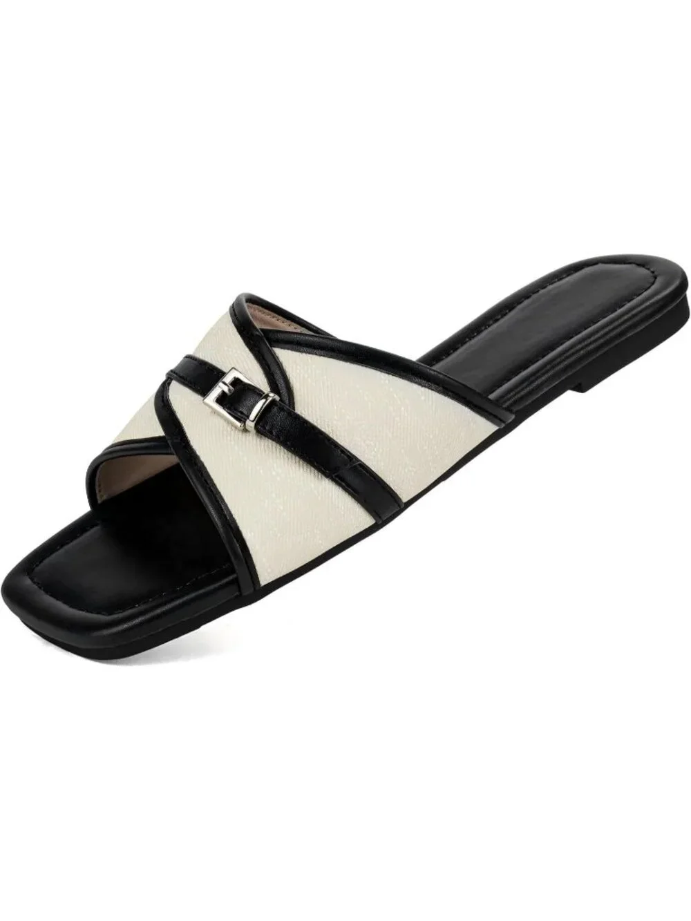 Women's Black Wide Width Sandals Flat Casual Woven Open Square Toe Comfortable